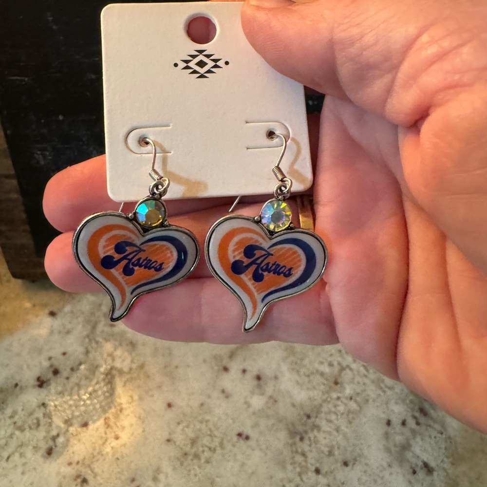 Astros Heart-Shaped Earrings with Blue and Orange Accents